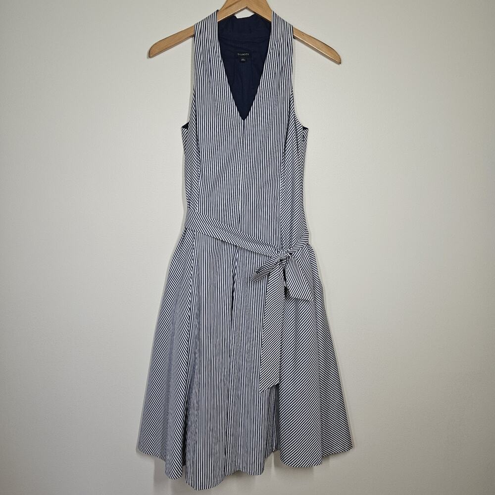 Talbots Fit & Flare Dress Womens 6 Blue Striped Halter Pockets Nautical Coastal